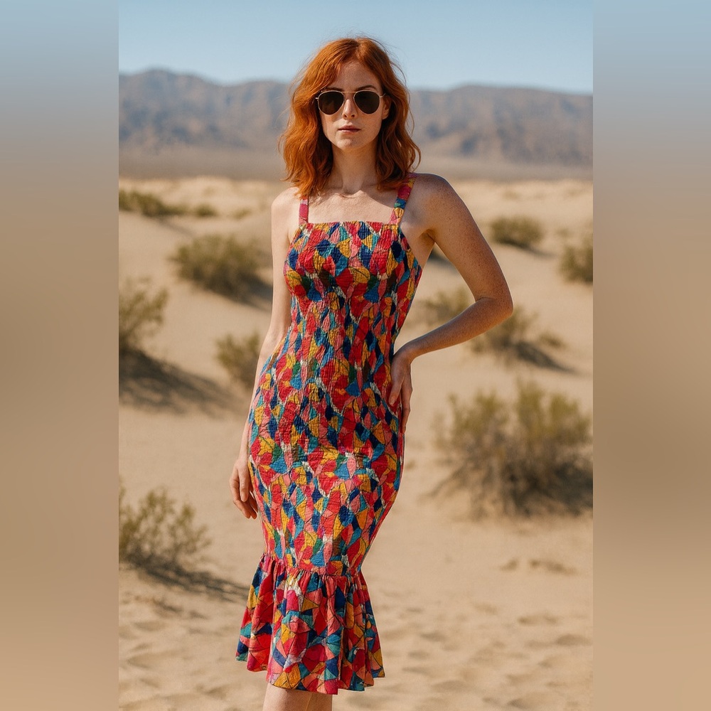 Pretty Garden Smocked Midi Dress – Bright Multicolor Leaf Print – Size M – NWOT